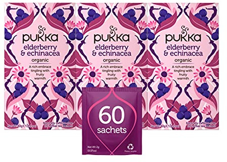 Pukka Organic Tea Bags, Elderberry & Echinacea Herbal Tea, Perfect for Wellness Support, 20 Count (Pack of 3) 60 Tea Bags