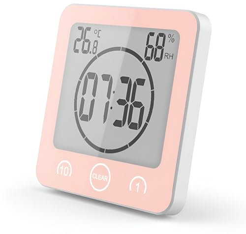 VORRINC Shower Clock - Orologio da bagno, impermeabile, con ventosa, display LCD, temperatura di umidità, timer (rosso)