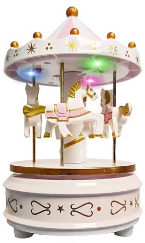 WEofferwhatYOUwant Carousel Music Box White – Elegant Horse Merry Go Round with LED Lights | Plays Beethoven’s Für Elise | Wind-Up Mechanical Toy | Wedding & Birthday Cake Topper, Nursery Decor & Gift