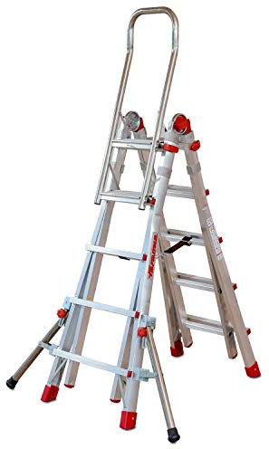 SUPER TELES - Scala telescopica professionale H4,70 metri in alluminio (5 + 5 gradini) con bracciolo e stabilizzatori