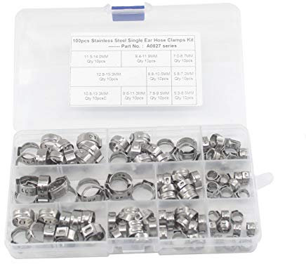 Annakideya 304 Edelstahl Einohr-Schlauchklemmen-Sortiment, 100 Packungen mit 10 Spezifikationen, Silber, Schlauchschelle