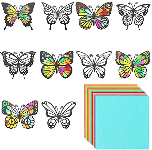 MixTeach 50 Pieces Butterfly Suncatcher Kit, 10 Types Double-Sided Stained Glass Effect Paper 6.3 x 4.3 Inch With 30 Pieces Colored Paper for Window Art Classroom Craft Decor