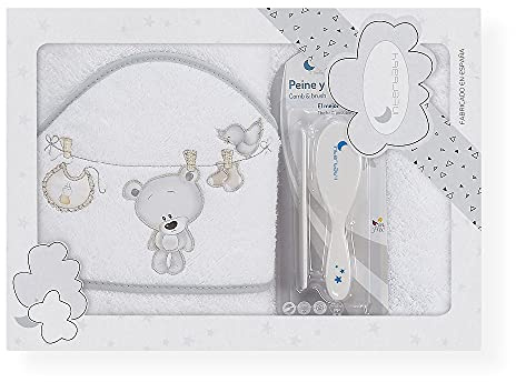 Interbaby Tendero OSO babyhandduk för nyfödda, vit och grå, med borste och kam, 900 g