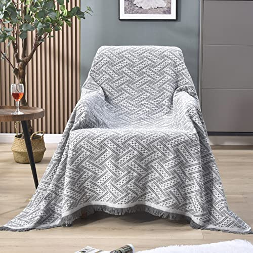 LHGOGO Throws for Sofas and Armchairs, Geometric Jacquard Woven Blanket with Fringes, 60% Cotton Blend Heavyweight Settee Throw, Reversible Couch Cover for Pets, 180x130cm, Light Grey