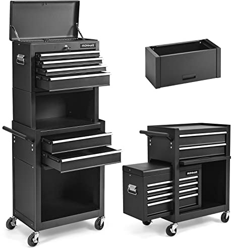 ERGOMASTER Rolling Tool Chest - Removable Top Box Large Bottom Cabinet with Casters and Lock System Tool-Box - Heighten 6-Drawer Black