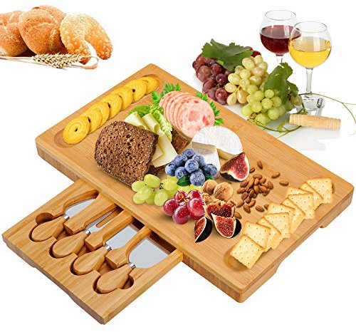 Juego de tabla de queso de bambú con hublade oculto y 4 cuchillos de queso, tabla de cortar queso, cubiertos de madera, bandeja para servir para fiestas de inauguración y regalos de cumpleaños