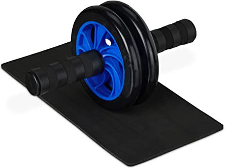 Relaxdays Bauchroller, Bauchtrainer für Zuhause, inkl. Kniematte, rutschfest, Fitnessrolle mit Gummirädern, Farbauswahl, Schwarz/Blau