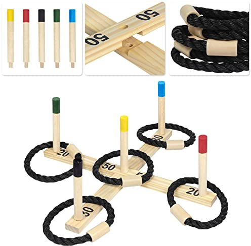 UISEBRT Juego de lanzamiento de anillos de pino – Juegos de jardín al aire libre Juego de lanzamiento para niños y adultos con 5 palos + 5 anillos de nailon Juegos para jardín parque Home Party