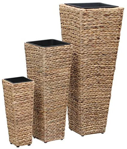 3-er Set Garten Hochbeet aus Wasserhyazinthe und Stahlrahmen, Pflanzkasten Pflanzkübel Blumenkasten Blumentopf Balkonkasten für Garten Terrasse Balkon, Braun 30 x 30 x 80 cm