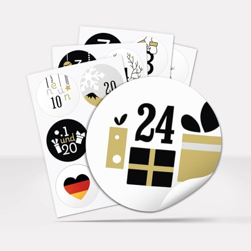 Adventskalender-Zahlen Aufkleber 1 bis 24 / Moderner Mix Schwarz Gelb-Gold Look/Etiketten/Sticker/Weihnachtskalender/Advent/Rund/DIY/zum Aufkleben