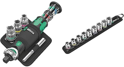 Wera 05004281001 8009 Zyklop Pocket Set 2, Knarren Satz, 18-teilig & 05003973001 Zyklop Steckschlüsseleinsätze Belt B 4, 3/8“-Antrieb, 9-teilig