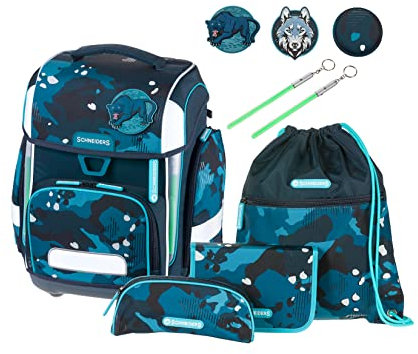 Schneiders Ergolite Jungle 78397-064 9-teiliges Set mit Schule, Schlampermäppchen, Sporttasche, 3 Klettmotiven und 2 Leuchtstäben, blau, 20 x 30 x 40 cm