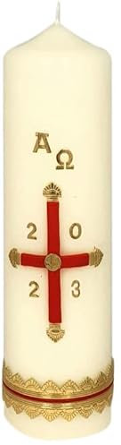 Osterkerze Kreuz rot, Abschlussband Gold/rot, A und O, Jahreszahl 220 x Ø 60 mm