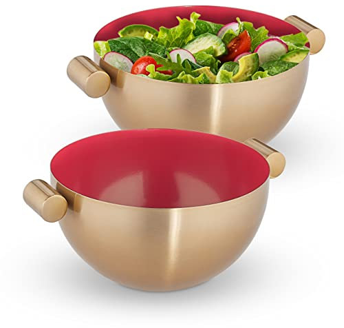Relaxdays Set 2 Ensaladeras con Asas 2 Litros, Cuenco de Cocina, Bol de Acero Inoxidable, Frutero, 20 cm Diámetro, Dorado y Rojo
