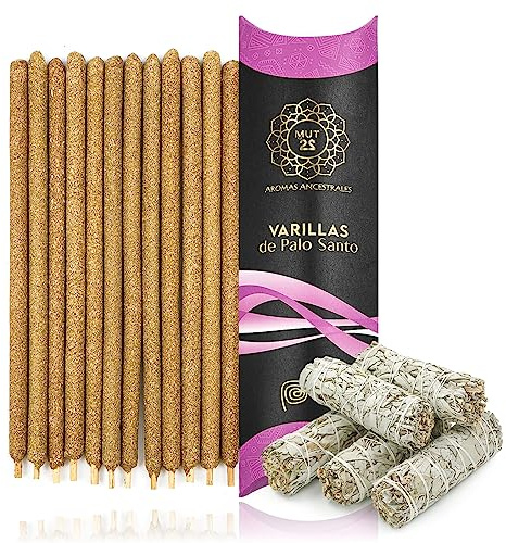 MUT22 12 Stück Palo Santo Räucherstäbchen mit Weißer Salbei, Handgefertigt in Peru, Extra Lange Brenndauer