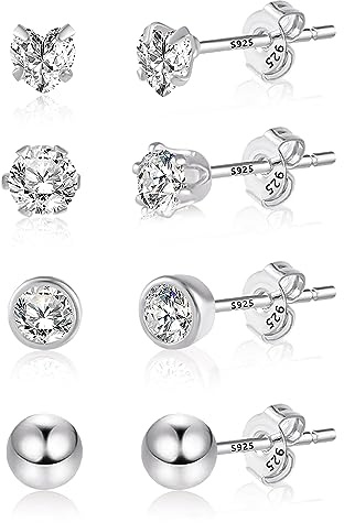 Boucles d'oreilles femme, clous d'oreilles femme argent 925 [4 paires de] petite boucle d'oreille set, plaqué or 14 carats Ensemble avec strass en zircone, clou oreille, Cadeau for homme/femme