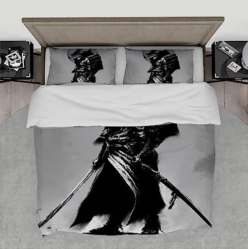 HOBBOY Retro-graue Bettwäsche-Bettbezug-Sets, schwarzes Krieger-Muster, Bettbezug mit Reißverschluss, 4 Eckbändern, 2 Kissenbezügen, langlebig, 3-teilig 200x220 cm