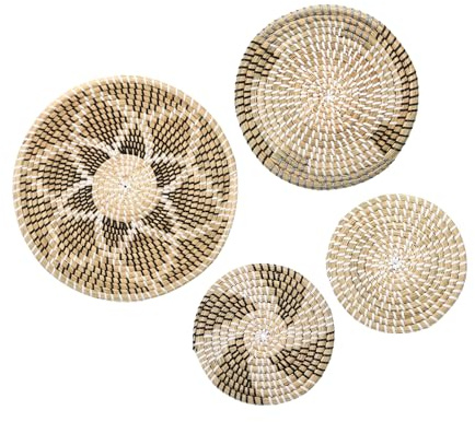 sourcing map Körbe für Wand Dekor Bohemian Wandkorb Dekoration Set Stroh Wand Hängende Dekoration Hängend Geflochtene Wand Korb Weide Wand Dekoration (4Stk)