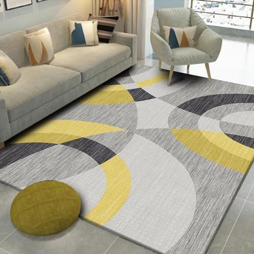 Weicher Teppich Leicht Zu Reinigender, Rutschfester Teppich, Grau, Schwarz, Gelb, Geschwungenes Streifendesign,Teppich vorleger,Anti rutsch 160x230cm