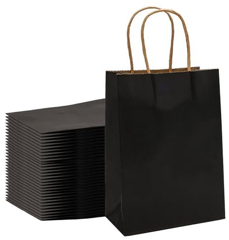 30 Stück Papiertüten Schwarz Geschenktüten, Kraftpapiertüten mit henkel, Geschenktüten für Hochzeitsfeier, Candy Tüten zum Verpacken von Kindergeburtstag, Party, Geschenken, Feiern(15 x 8 x 21 cm)