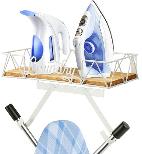PERFNIQUE Soporte para tabla de planchar, soporte de pared para tabla de planchar, colgador de tabla de planchar, organización de cuarto de lavado con ganchos extraíbles (forma de T y V), cesta de