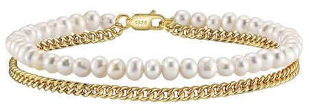 KnSam Armbänder 925 Silber, Doppel Ketten mit Perlen Armreifen Freundschaftsarmbänder 925 Sterling Silber, Perlenarmband Wickelarmband Gold, 20CM