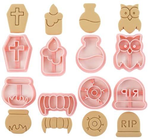 PTaizjjz Mini Ausstechformen für Halloween-Plätzchen, 8 3D-Halloween-Plätzchen-Stempel, Kerze, Grabstein, Eule, Alchemie, Ofen, Auge, Sarg, Vampirzähne, Ausstecher für giftige Kekse