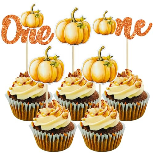 Ephlyn 24Pcs Pumpkin One Cupcake Toppers Glitter 1st Birthday Pumpkin Cupcake Picks Baby Shower Pumpkin Cake Decorations for Baby Shower Theme First Birthday Party Supplies Orange