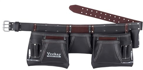 VEEKAY Oil Tanned Brown Leather Tool Belt 2 Inch Wide 12 pockets tool pouch/bag Fit for 32 inch to 46 inch Waist for Construction, Carpenter and Framers.