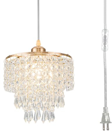 8 Plug in Pendant Light Corded Hanging Lights with Plug in Cord Hanging Lamp Plug in with 16.4 Ft Cord Mini Chandelier for Bedroom Kitchen Island Hallway Bathroom Closet (Gold)