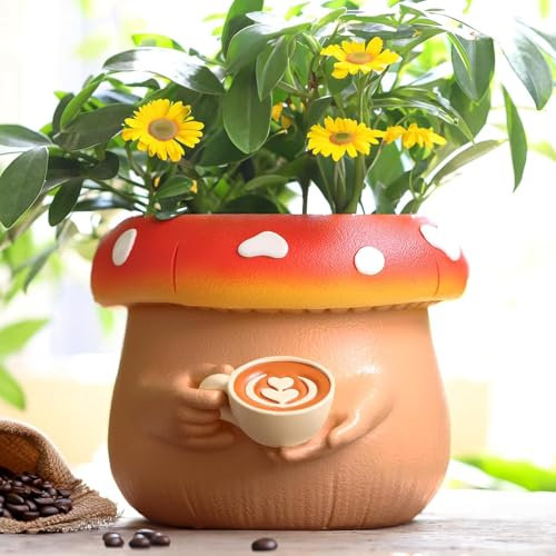 AmiCera Linda taza de café maceta con diseño de hongos, maceta colorida para plantas de interior, maceta única con drenaje, macetas decorativas, regalos divertidos y versátiles, terracota