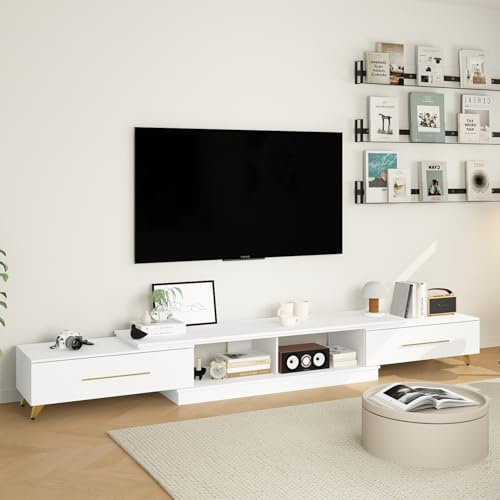 Caldion Meuble TV Bas Moderne avec 2 tiroirs, 160-260 cm, Blanc, MDF