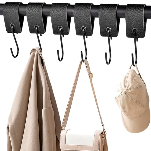 XHTXHT 6 Stück S Haken Schwarz mit Lederschlaufe,haken für Kleiderstange Haken Garderobe Kleiderhaken Edelstahl für Garderobe Küche Badezimmer Camping (Schwarz)