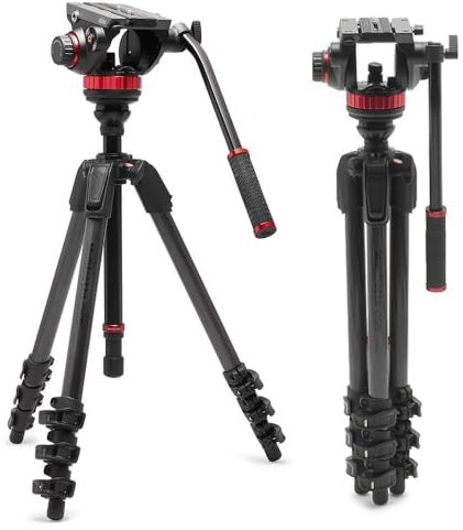 Manfrotto 055 Treppiede Video con Testa Fluida 502, in Fibra di Carbonio, Video-Kit Robusto, con Colonna di Livellamento, Chiusura a Leva, Treppiede per Videocamera e Fotocamere DSLR/Mirrorless