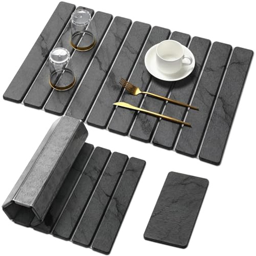 Large Stone Dish Drying Mat for Kitchen Counter, Quick Dry Stone Dishes Mats,Foldable Water Absorbing Diatomaceous Earth Drying Organizer Pad for Plate Rack Bottles Utensils(Dark Gray 24×16 & 8x4)