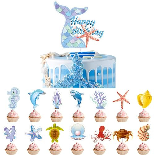 Meerjungfrau Tortendeko, 15 pcs cupcake topper kindergeburtstag deko,Ozean Meerestier muffin deko, happy birthday tortendeko für Kinder,Mädchen, Babydusche Party