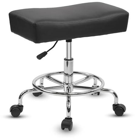KLASIKA Heavy Duty Extra Wide Rolling Stool PU Leather Thickened Seat Cushion with Footrest, Adjustable Height Swivel Stools with Wheels for Spa Salon Tattoo Barber Massage Shop Work Garage, Black
