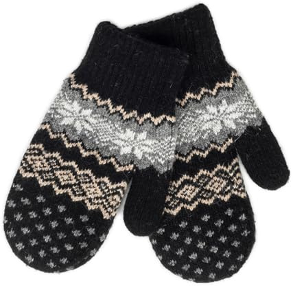 Women Warm Winter Wool Mittens - Snowflake Double Layler Knit Fleece Gloves