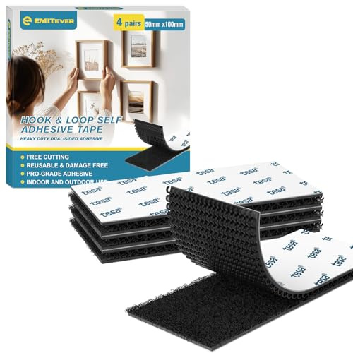 EMITEVER Autoadhesiva Doble Cara, 50X100mm Tiras Hook y Loop Tape Extrafuerte, Para Marcos De Fotos, Mosquiteras, Alfombrillas, Automóviles y Hecho a Mano (Negro, 50mmX100mm 4Pares)