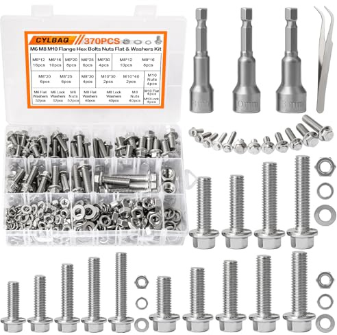CYLBAQ Flanged Hex Head Bolts and Nuts Assortment Kit, M6 M8 M10 Bolts Nuts Washers Kit with Hex Socket, 370pcs M6x1.0, M8x1.25, M10x1.5 Metric Nuts Screws Flat & Lock Spring Washer