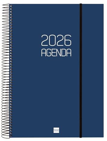 Finocam - Agenda Espiral 2026 1 Día Página | Enero - Diciembre (12 meses) | Agenda A4 Anual 2026 con goma | Tapa de polipropileno Espiral Opaque - Azul - Español