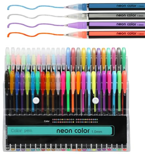 Set de 48 boligrafos gel – 12 metálicos, 12 bolígrafos purpurina, 12 neón y 12 acuarela – ideales para dibujar, escribir y colorear – boligrafos de colores – bolis de colores creativos