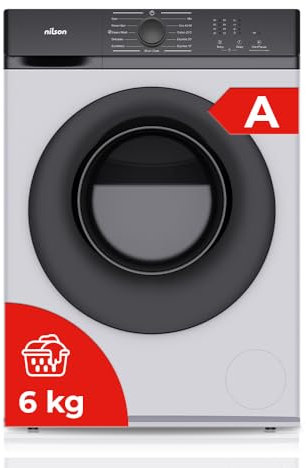 Nilson Lavadora 6Kg Carga Frontal Blanco NL6200AI. 1600W, 1200rpm, Motor Inverter, 11 Programas, Función Stop&Go, Tambor Diamante, Clase de Eficiencia Energética A