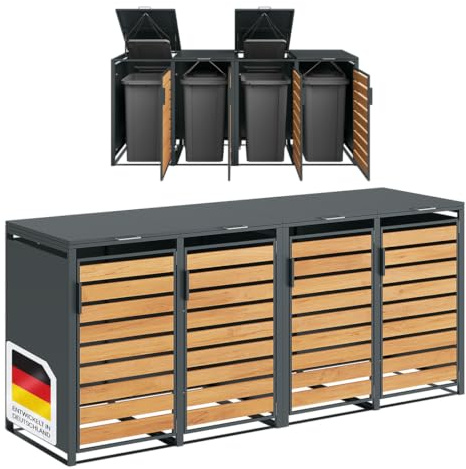 STEELSØN Kestra Mülltonnenbox 4er bis 240L – Mülltonnenverkleidung aus Stahl mit Sichtstreifen in Holzoptik – hochwertige Müllcontainer für 4 Tonnen – Müllbox in Anthrazit – Gerätebox wetterfest