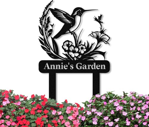Personalized Garden Signs with Stake, Metal Custom Hummingbird Garden Signs for Outdoor, Customized Metal Name Sign, Custom Yard Signs Patio Yard Decor