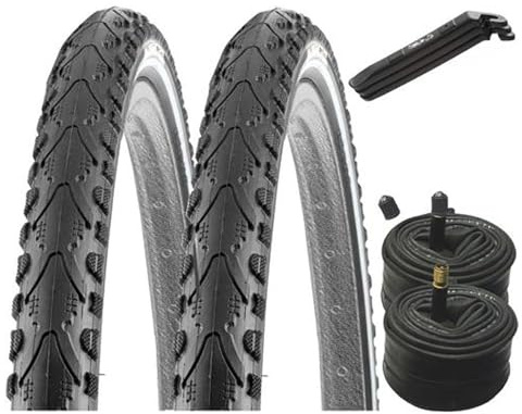 2X Fahrradreifen Set 28 Zoll Khan K-935 schwarz 28x1.6 K-Shield Pannenschutz 700x40C 42-622 mit Reflexstreifen + 2X AV Schläuche + 3 Reifenheber