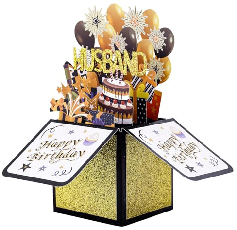 Happy Birthday Husband Pop up Card, Cool 3D Birthday Gift Box with Envelope Greeting Card Creative Pop up Gift Box for Husband Party Decoration