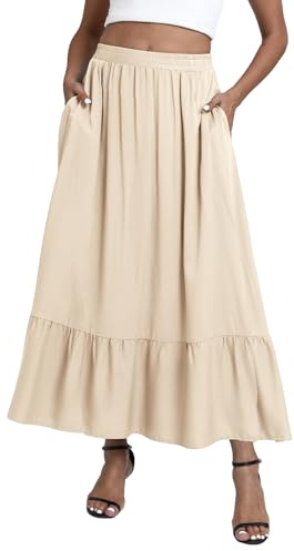 EXCHIC Mujer Casual Boho Volantes Elástica Cintura A-Line Maxi Falda Volantes Swing Playa Larga Falda con Bolsillos