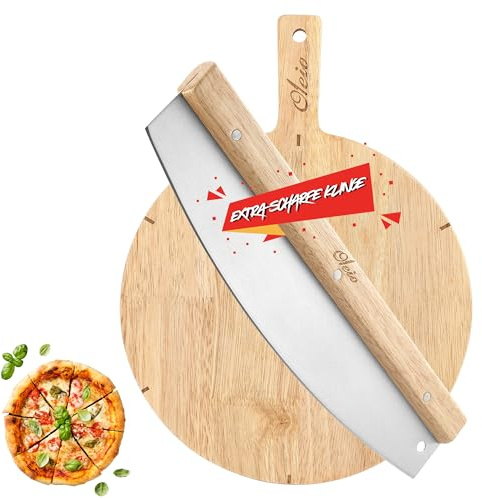 Oleio Pizza Set mit Pizzabrett rund 30 cm und Wiegemesser aus Edelstahl, Pizzaschneider mit Holzgriff, Pizzabrett mit Schnittmarkierungen, Pizzabrett Holz zum Schneiden und Servieren