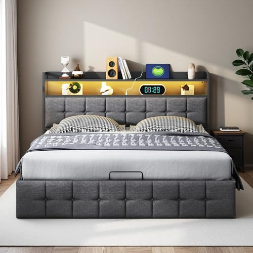 Yeutre Lit Coffre 140x190 avec LED et Ports USB, Lit 2 Personnes avec Rangement et Tete de Lits, Lits Double Rembourré pour Adultes et Adolescents (Lin Gris, 140 x 190 cm)